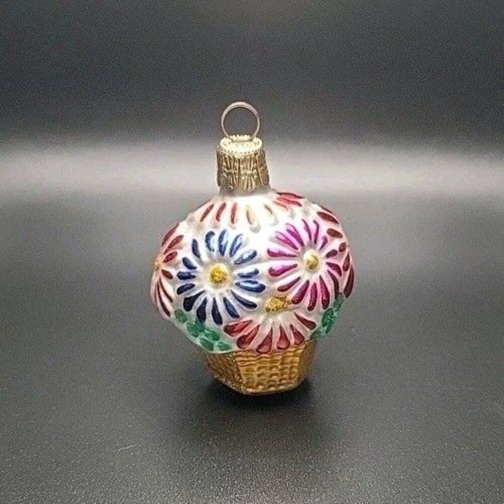 Vintage Czech Republic Blown Glass Flower Basket Christmas Ornament Mini 2.5”